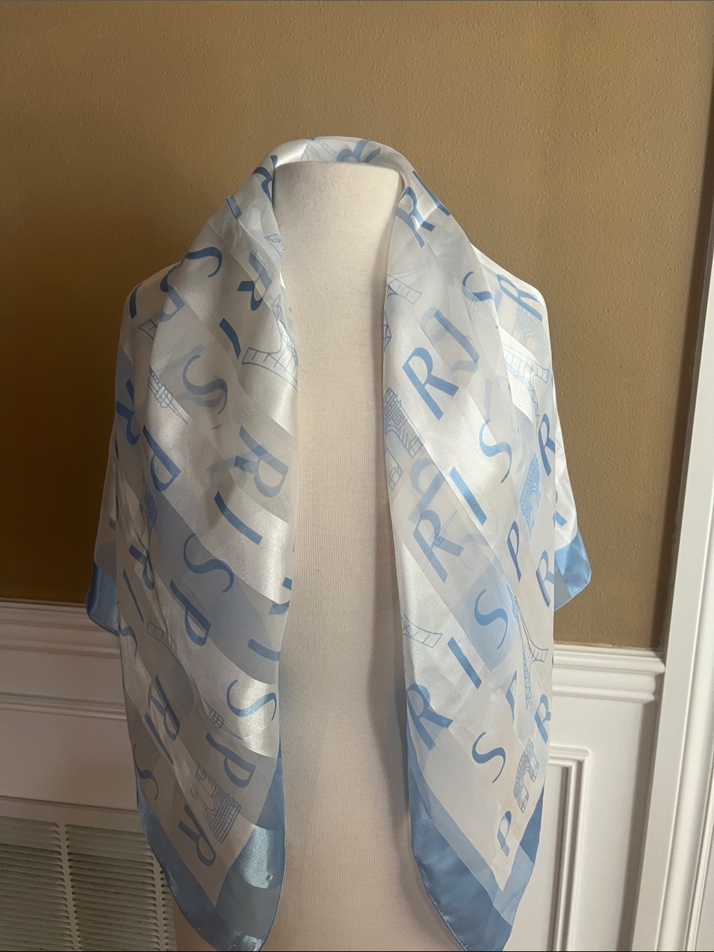 PARIS Light Blue and White Logo Print Silk Scarf